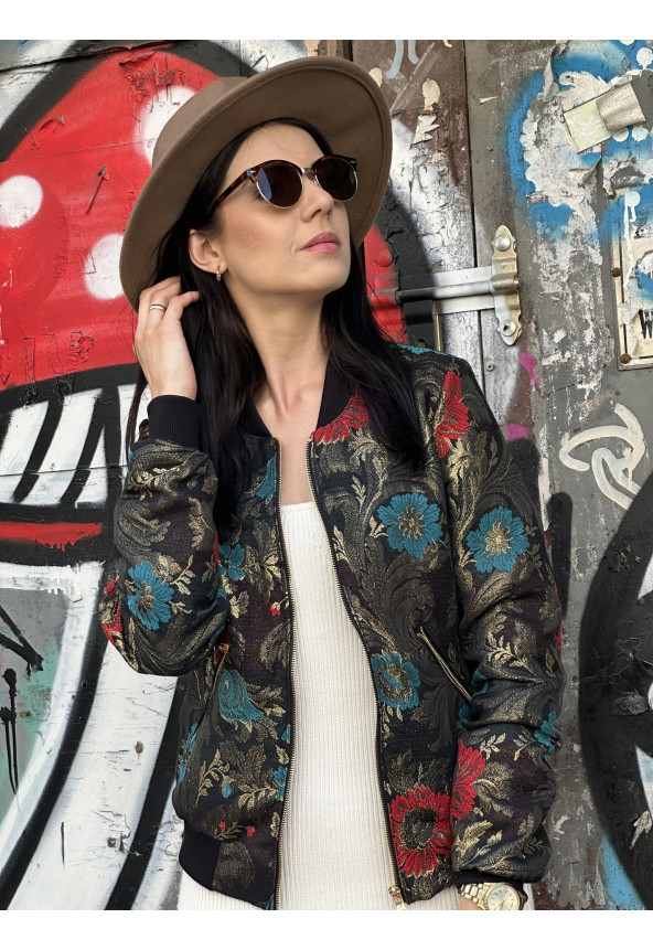 czarna kurtka żakardowa w kwiaty MoWo Fashion