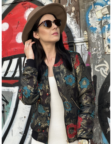 czarna kurtka żakardowa w kwiaty MoWo Fashion