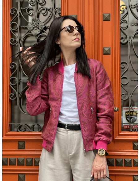 ciemny róż  fioletowy kurtka damska w kwiaty MoWo Fashion