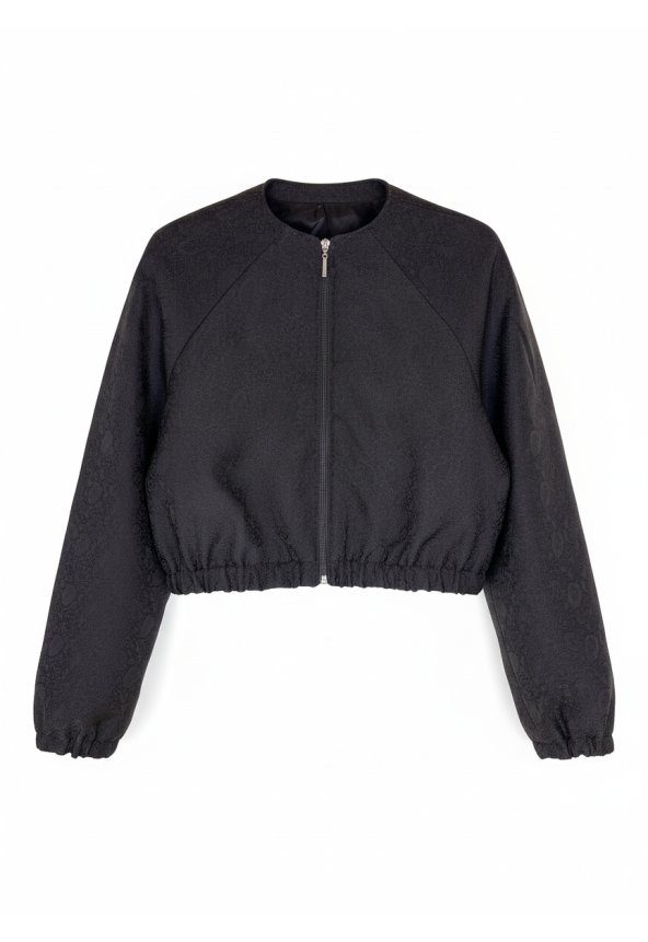 czekoladowa damska krótka damska kurtka w żakardowe wzory