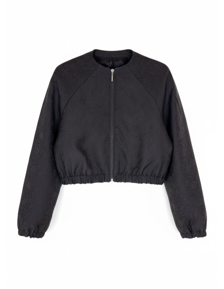 czekoladowa damska krótka damska kurtka w żakardowe wzory